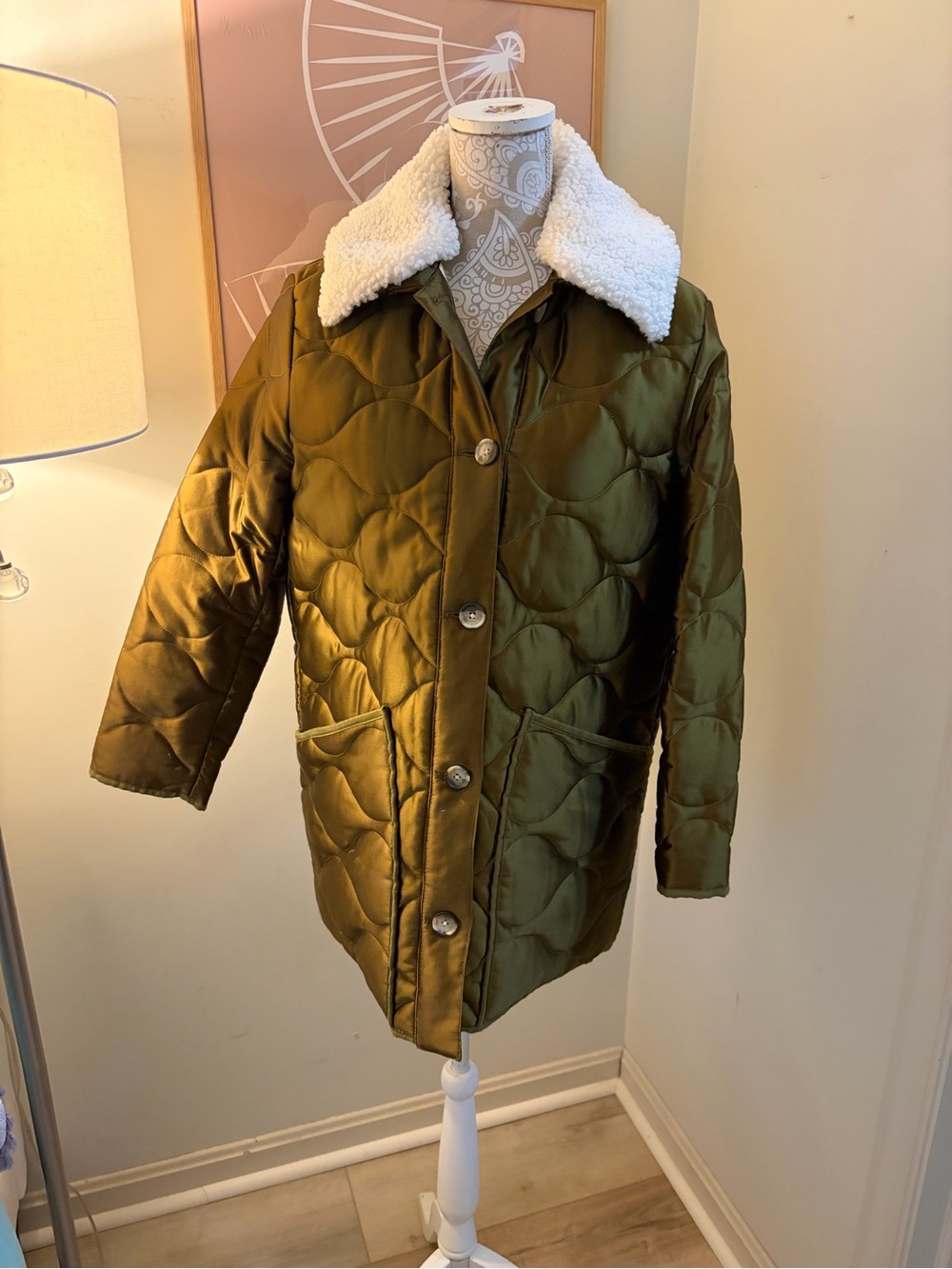 J. Crew Olive Green Quilted Puffer with White Sherpa Collar - Picture 5 of 6